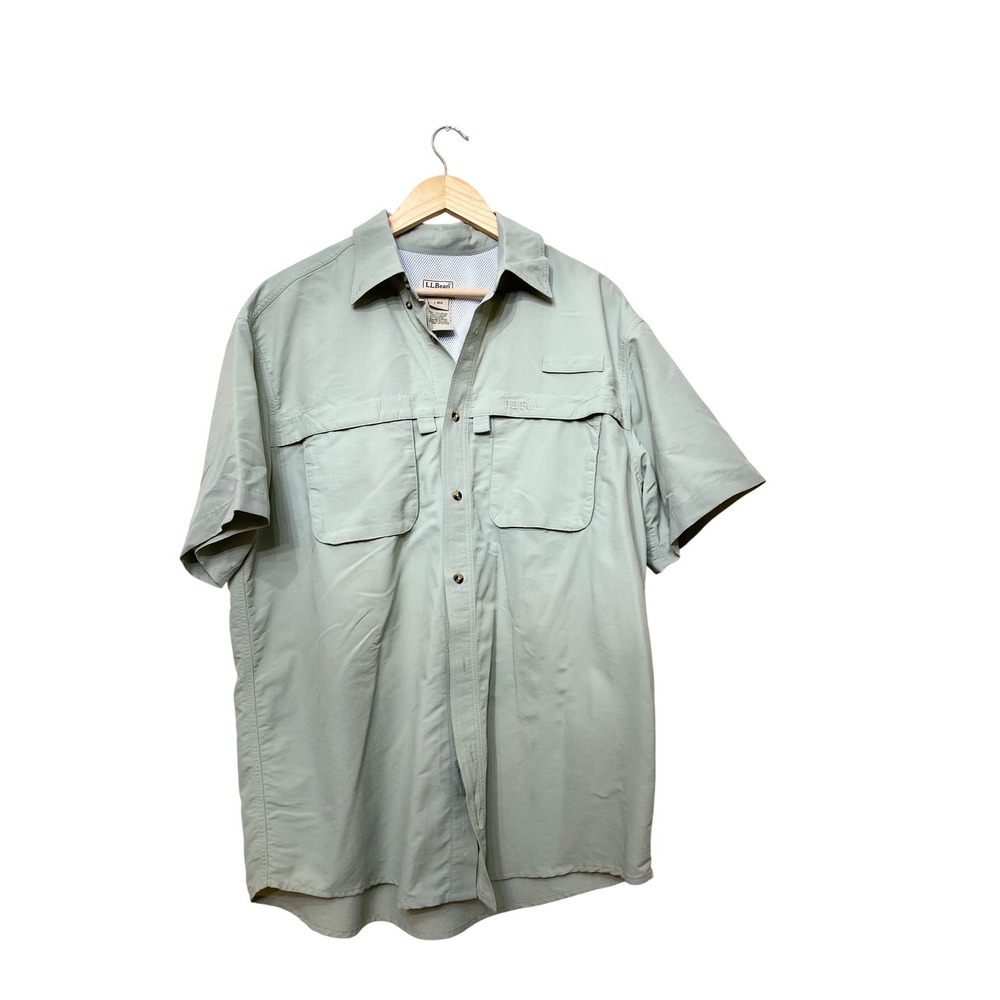 LL Bean Fishing Shirt Short Sleeve Sage‎ Green Mesh Back Ventilated Large Reg